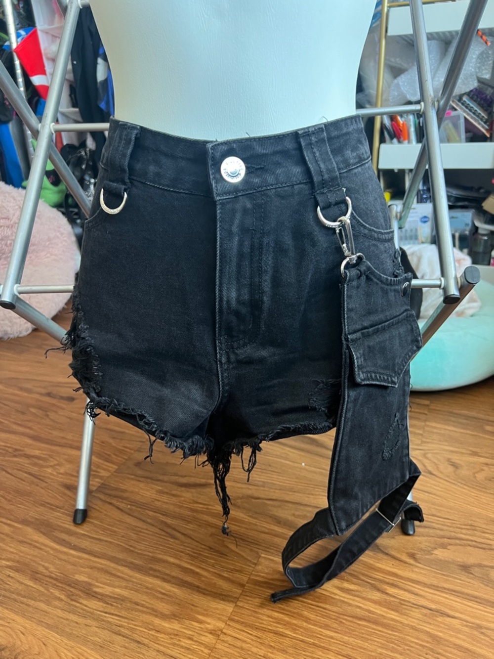 Killstar Black Distressed Denim Shorts with Removable Utility Pouch